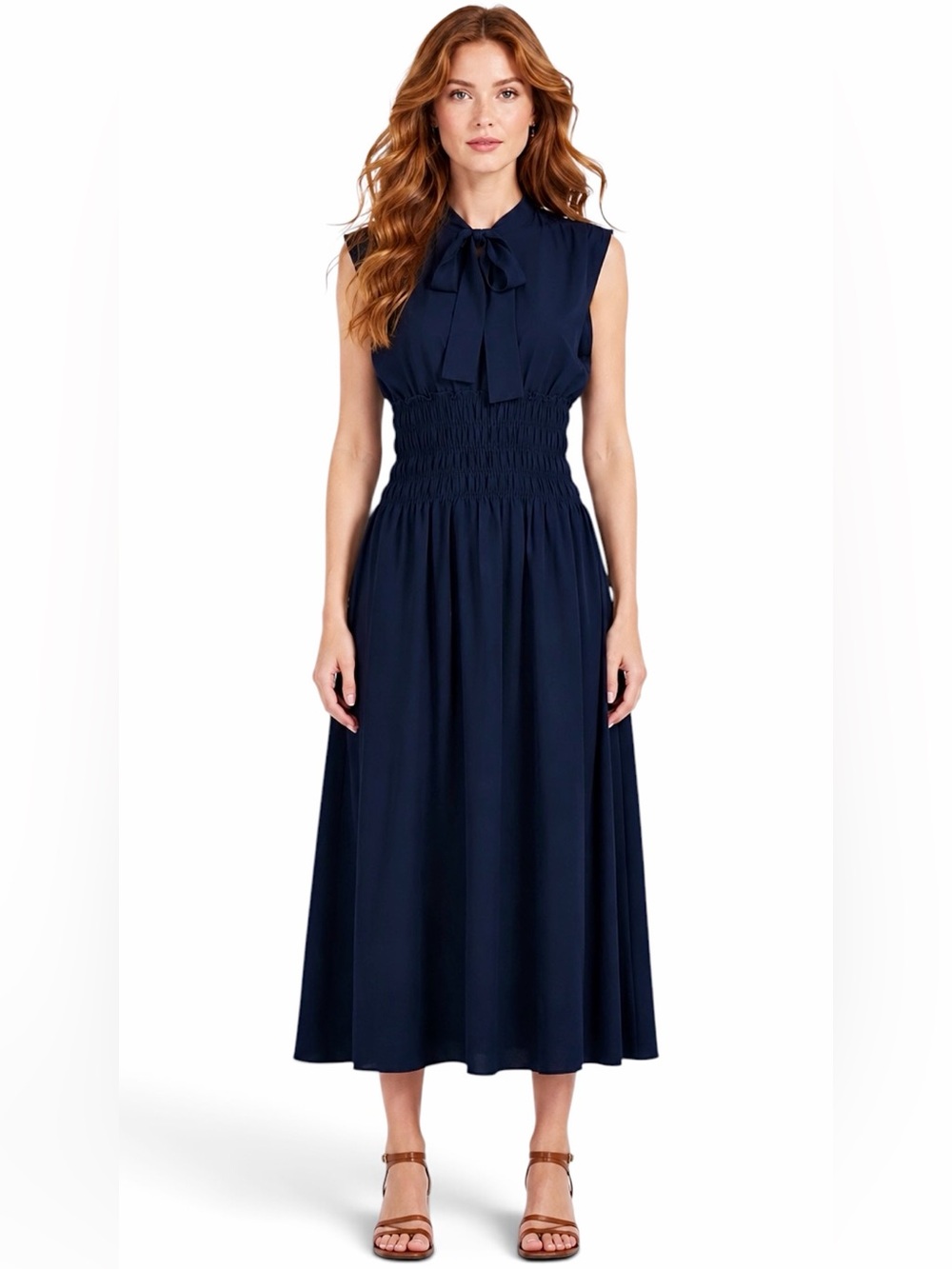 NWT – Bishop + Young – Adriatic Tie-Neck Smocked Midi Dress – Navy – Sz. XS